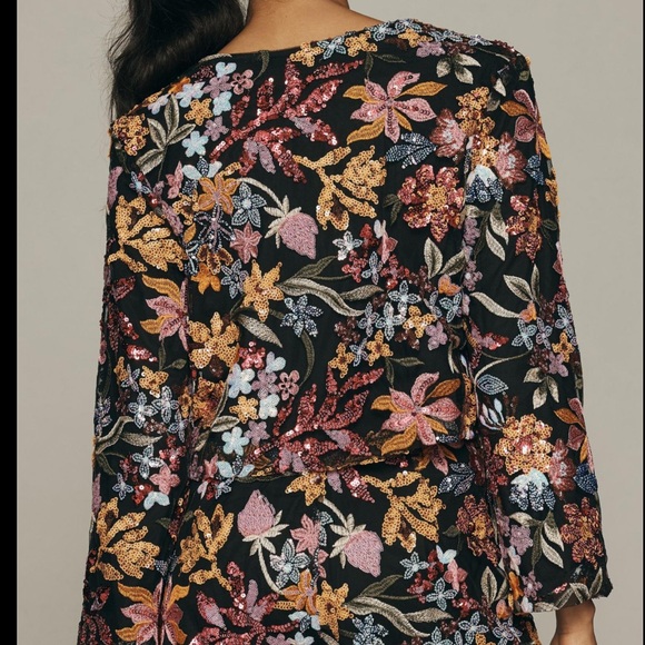 Anthropologie Tiny Floral Sequin Cropped Blazer Jacket - Picture 2 of 9